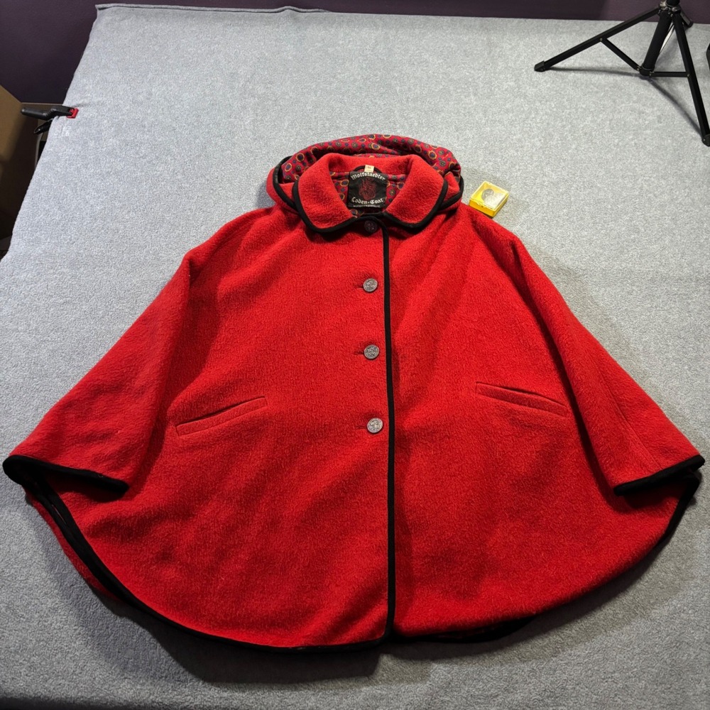 Vintage Wolfstaedter Loden-Coat Cape Women's L/XL Red Hooded Wool Austrian Crest